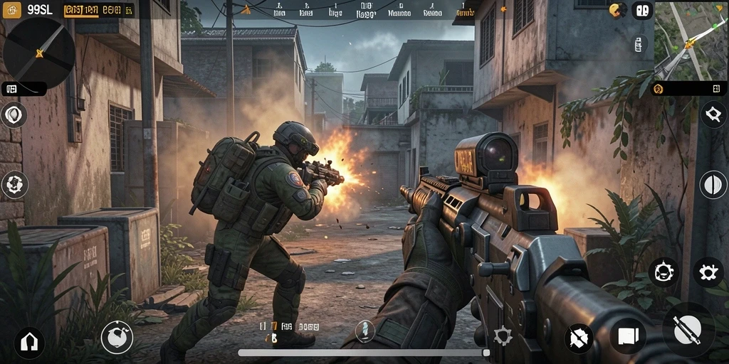 Screenshot 99SL menampilkan aksi penuh ketegangan dalam gameplay FPS.