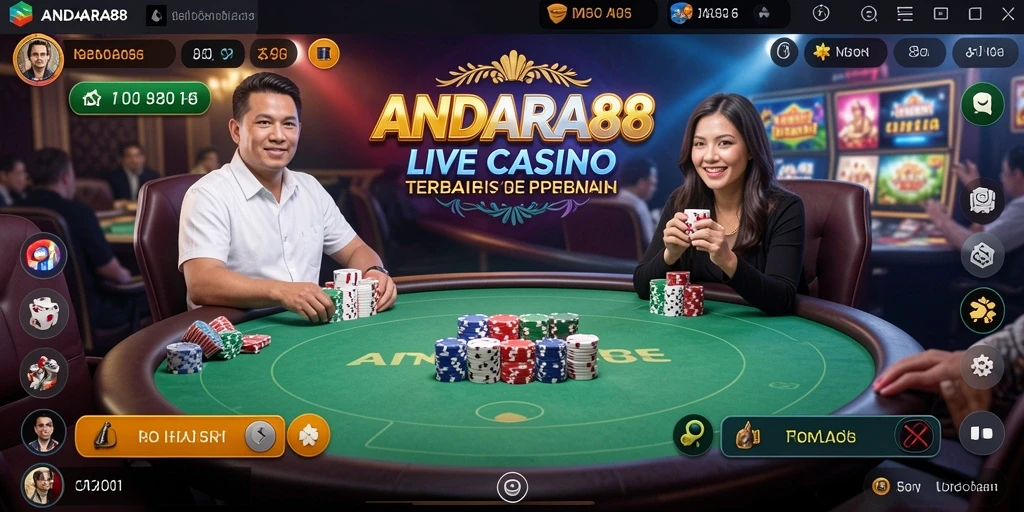 Screenshot gameplay ANDARA88 menunjukkan dealer yang ramah dan suasana kasino yang hidup.