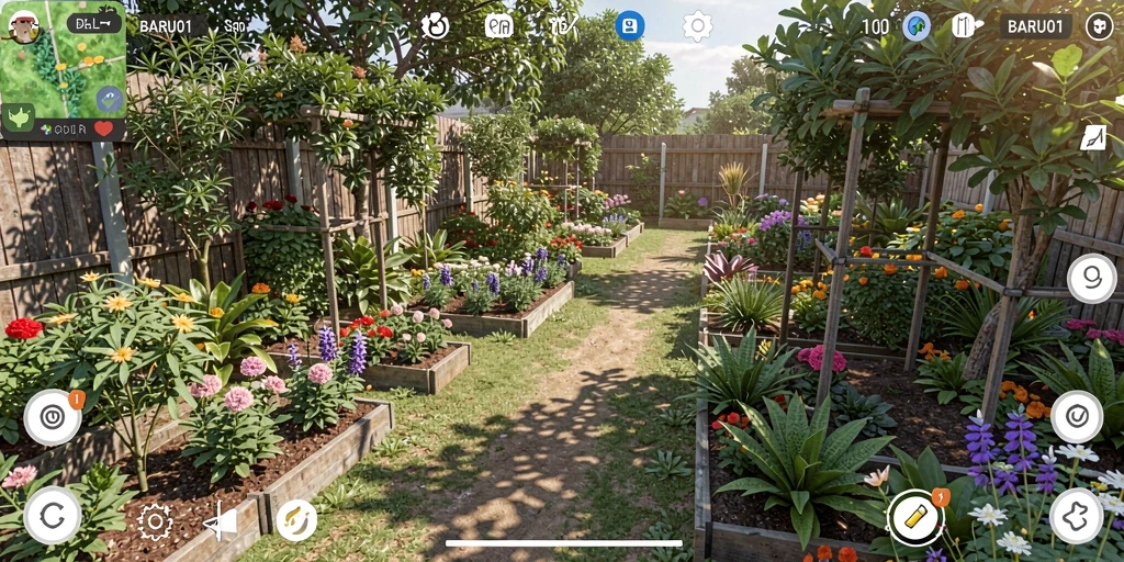 Tampilan gameplay BARU01 yang menggambarkan aktivitas berkebun.
