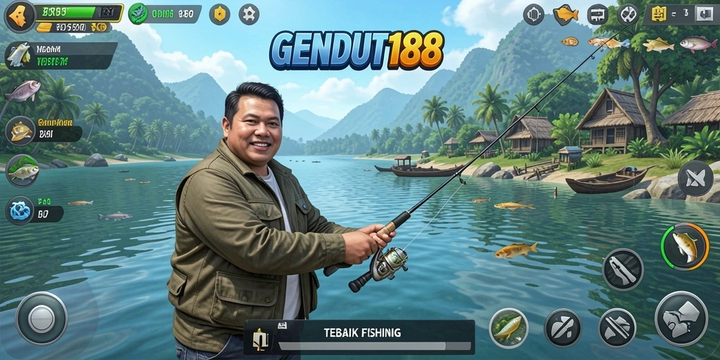 Tampilan gameplay <strong>GENDUT188</strong> saat menangkap ikan di danau yang indah.