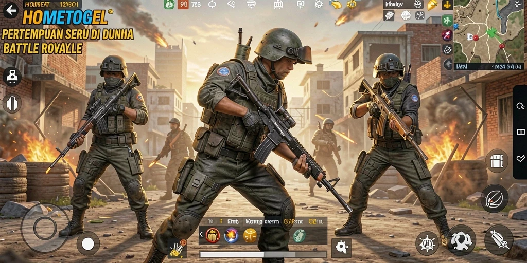 Tampilan seru gameplay HOMETOGEL dalam pertempuran Battle Royale.