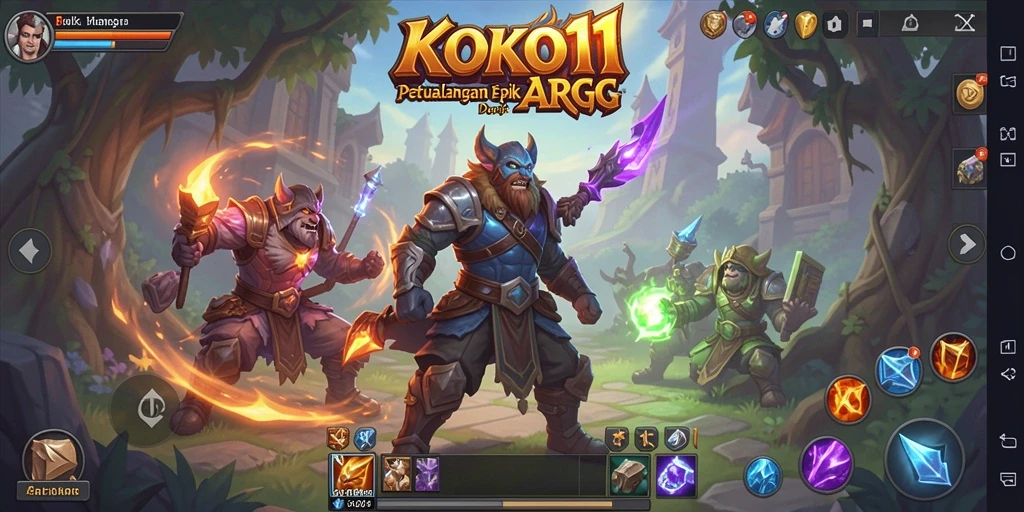 Screenshot gameplay KOKO11 menampilkan pertarungan epik karakter di dunia fantasi.