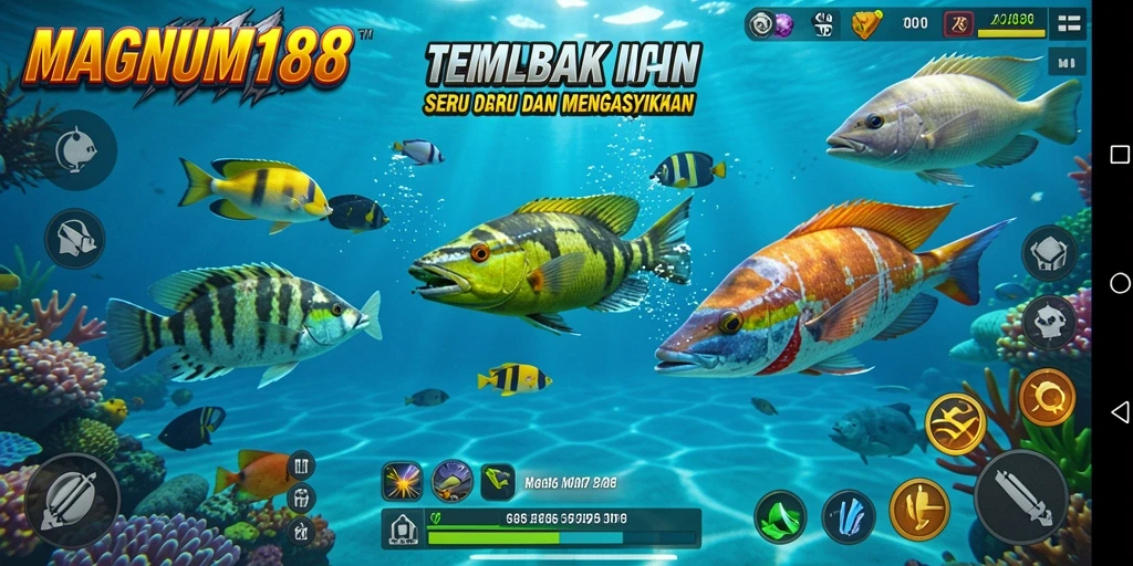 Screenshot gameplay MAGNUM188 menampilkan aksi seru menembak ikan.
