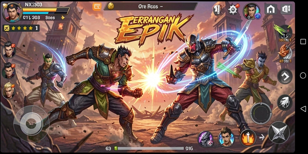 Screenshot gameplay NX303 menunjukkan pertarungan seru dengan karakter yang dinamis.
