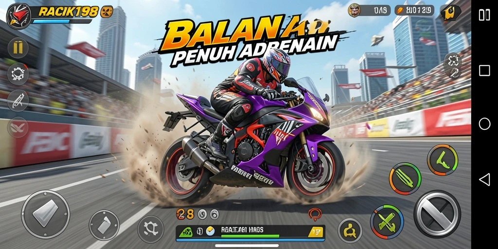 Screenshot utama RACIK198 menampilkan balapan motor yang seru dan mendebarkan.