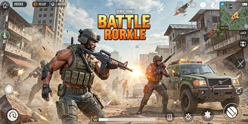 Tampilan gameplay RR89 yang penuh aksi dalam pertempuran Battle Royale.