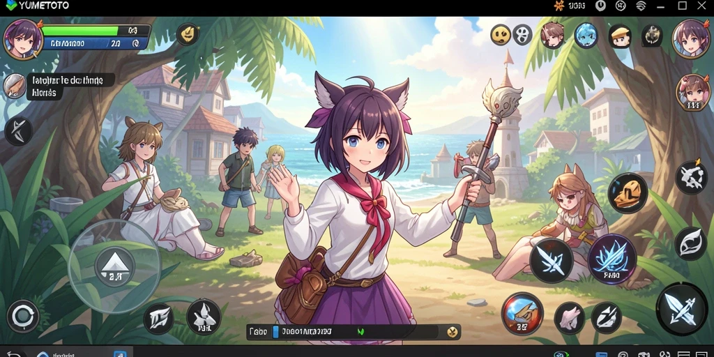 Screenshot gameplay YUMETOTO dengan karakter anime yang beraksi.