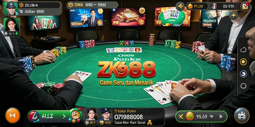 Tangkapan layar ZK988 menampilkan gameplay Poker yang seru dan interaktif.